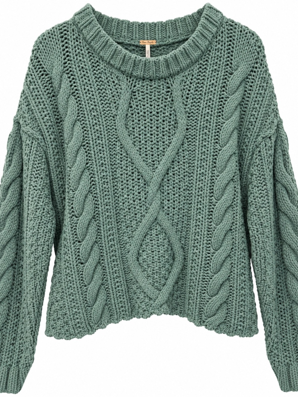 Free People 100% Cotton Chunky Cable Knit Sweater in Sage-